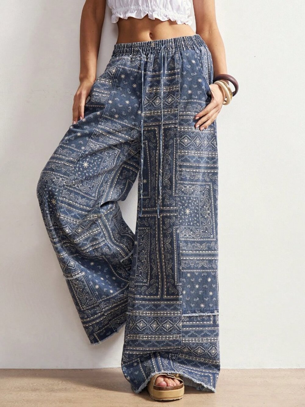 Blue Boho Women's Paisley Print Loose Wide-Leg Pants
